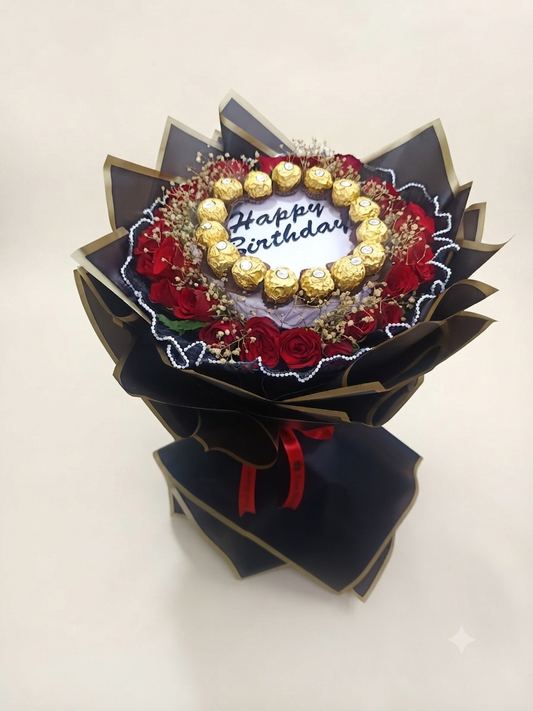 Chocolate With Red Roses Birthday Bouquet