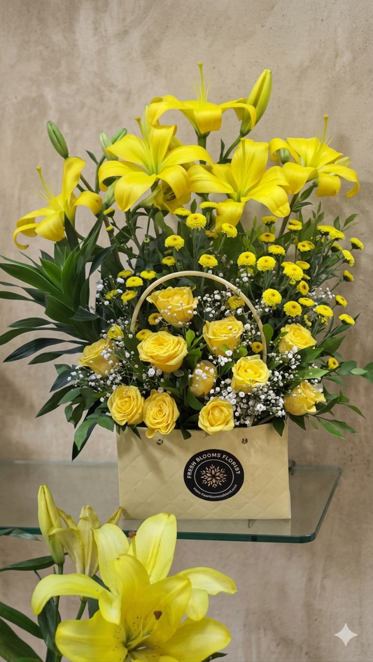 Yellow Lily & Roses Bouquet