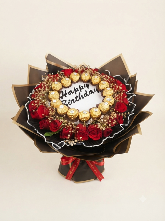 Chocolate With Red Roses Birthday Bouquet