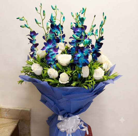 White Roses Blue Orchid Bunch