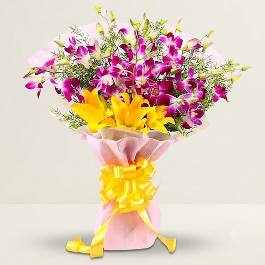 Perpel Orchid N yellow Lily Bouquet