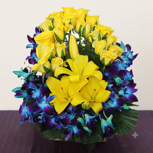 Yellow Roses Blue Orchid Bouquet