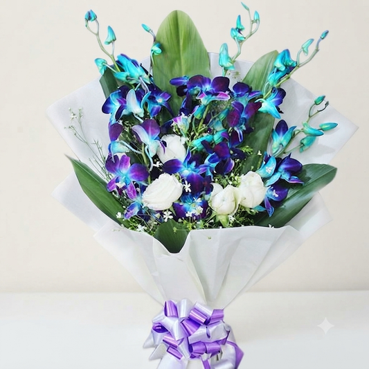 White Roses Blue Orchid Bouquet